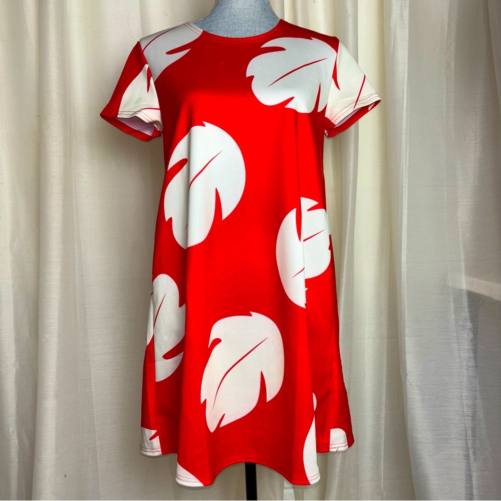 Disney Red and White Mini Dress with Leaf Print